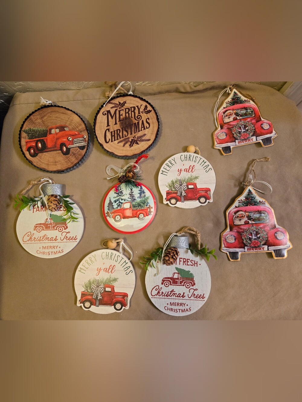Set Of 9 Red Vintage Truck Christmas Ornaments - Holiday Truck Décor